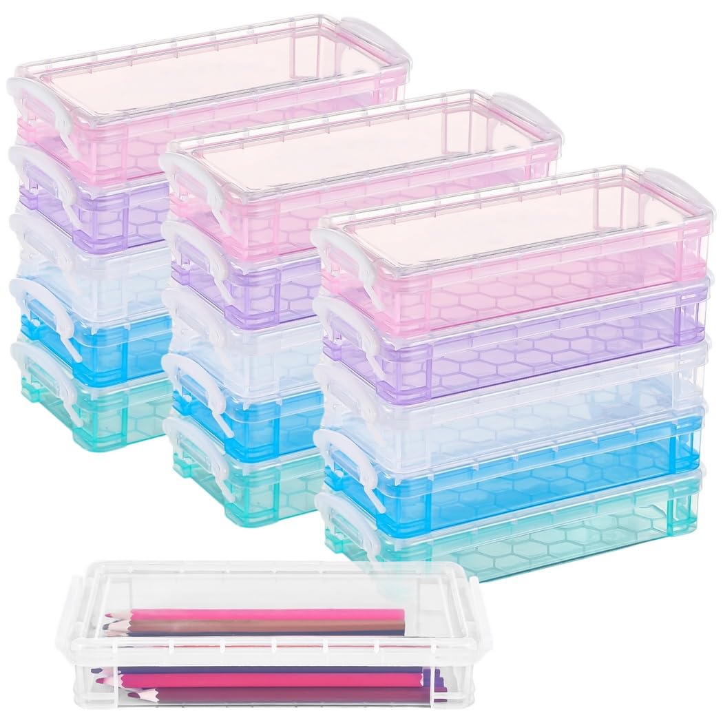 PONDON 16 cajas de lápices transparentes, cajas de plástico transparente de gran capacidad, estuche de colores surtidos con hebilla de bloqueo, organizador de almacenamiento apilable para marcadores