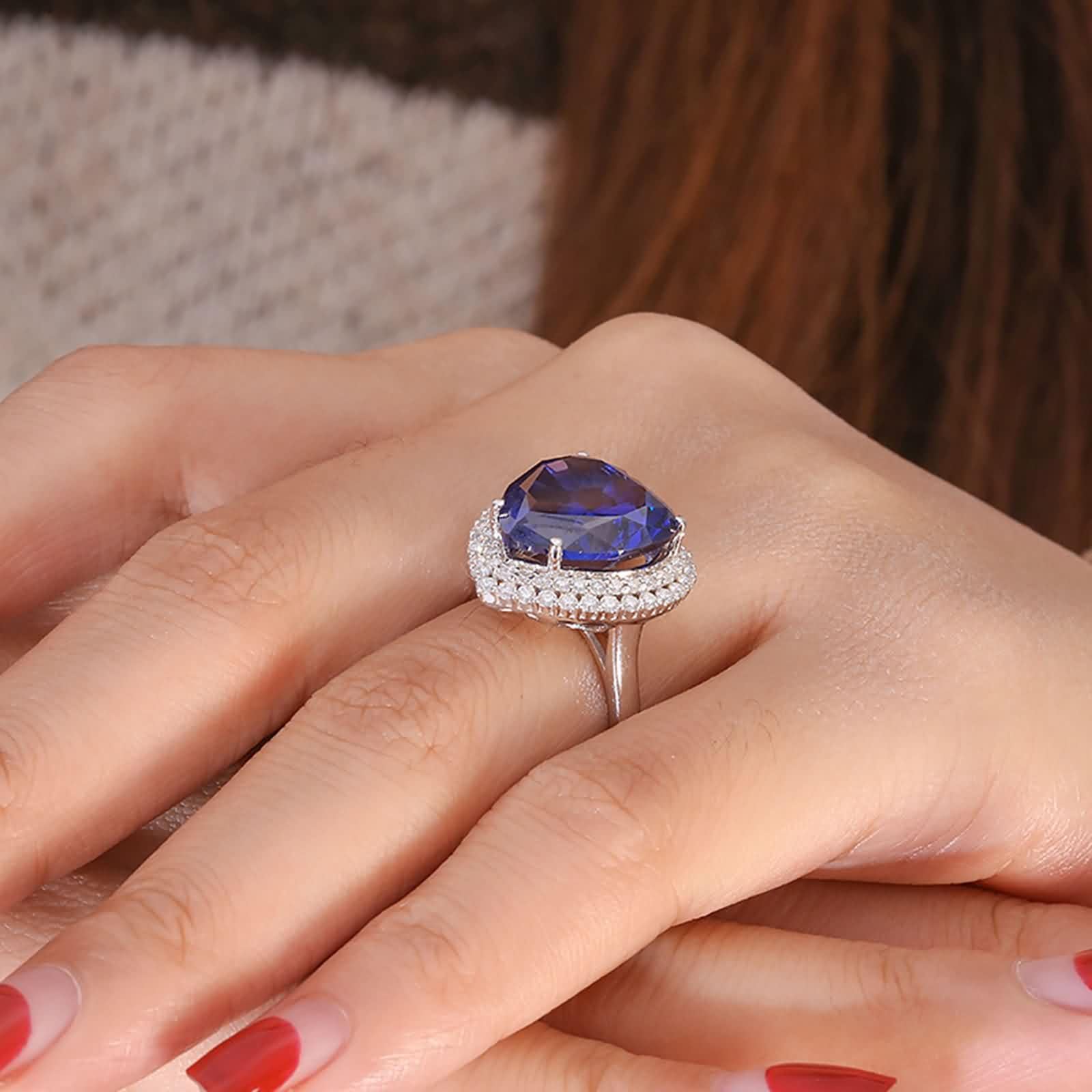 Anello per gioielli in oro bianco 14 carati 585, anello per l'eternità, fedi nuziali in laboratorio, con zaffiro 4 carati, cuore blu, oro 14 carati, con moissanite da donna, misura 61, Oro