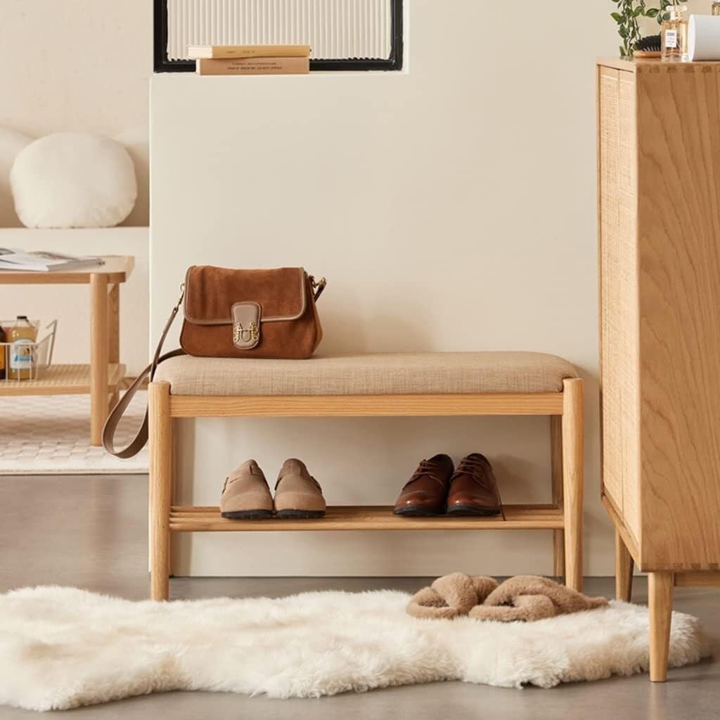 Scarpiera in legno di quercia massello con sedile imbottito - Scarpiera compatta e ripiano portaoggetti - Organizer per impieghi gravosi per ingresso - Finitura naturale (60 cm)