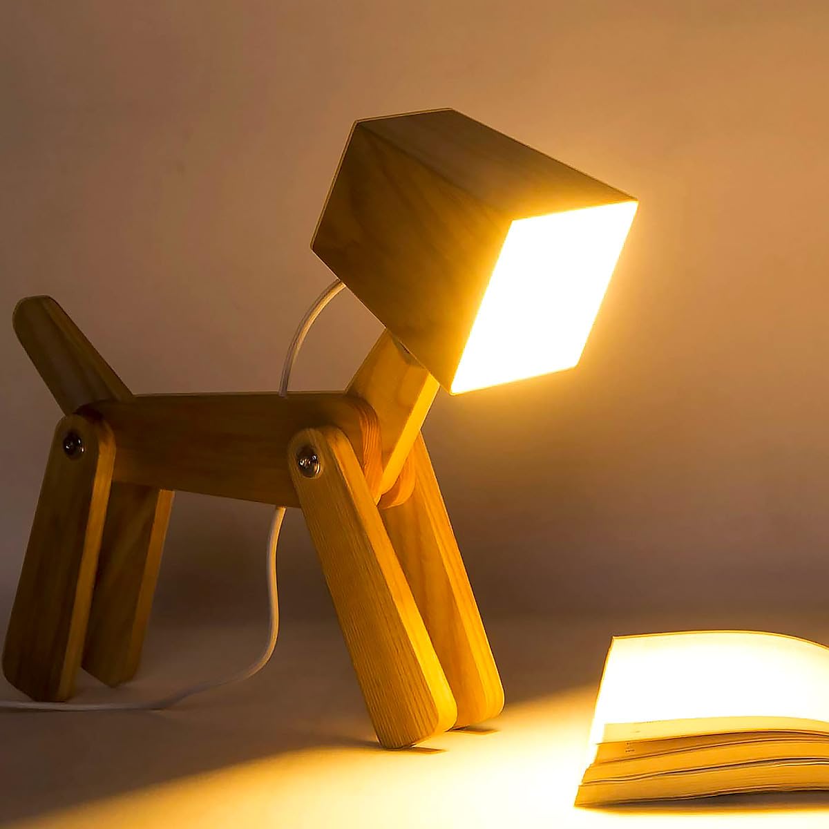 Winkee - Lámpara de Mesa Charlie - La Leal lámpara de Noche con función de Carga en diseño de Perros | Lámpara de Mesa LED de Madera Regulable con batería inalámbrica táctil