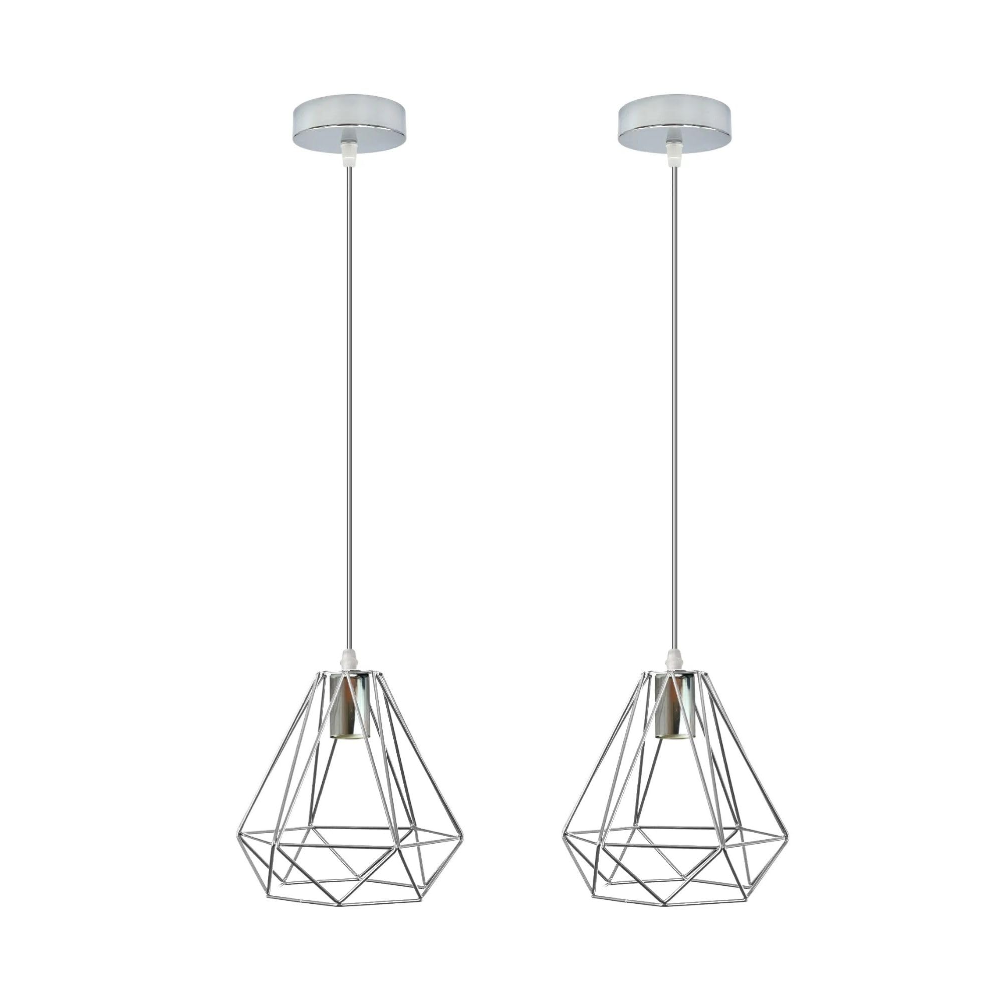DC VOLTAGE Industrial Cage Pendant Ceiling Light,Adjustable Hanging Ceiling Lights, Black Wire Lampshade for Kitchen Bedroom Bar Cafe Hallway, Large Size, 2PCS (Chrome(10mm Open Hole))