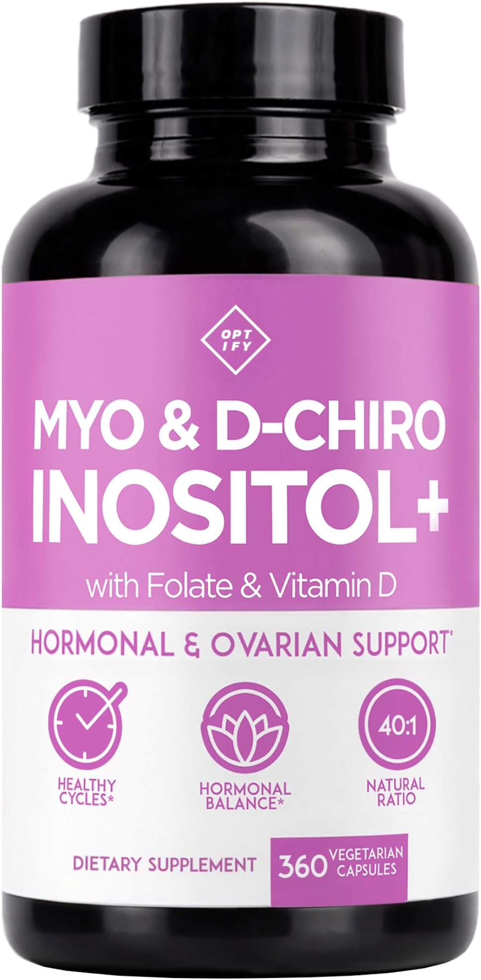 Myo-Inositol & D-Chiro Inositol Supplement for Women | 40:1 Ratio Plus Folate and Vitamin D | Support Healthy Hormonal Balance, Regular Cycles, & Ovarian Health (360 Count (Pack of 1))