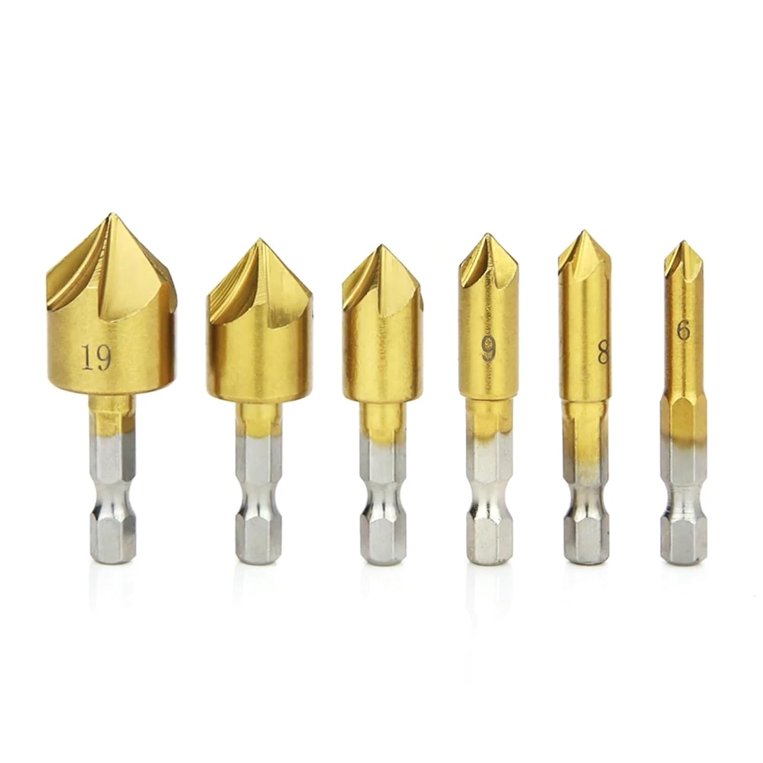 6pcs HSS Chamfer Drill Bit Hex Shank Five-Blades Woodworking Reaming Countersink Drill Set 6 8 9 12 16 19mm