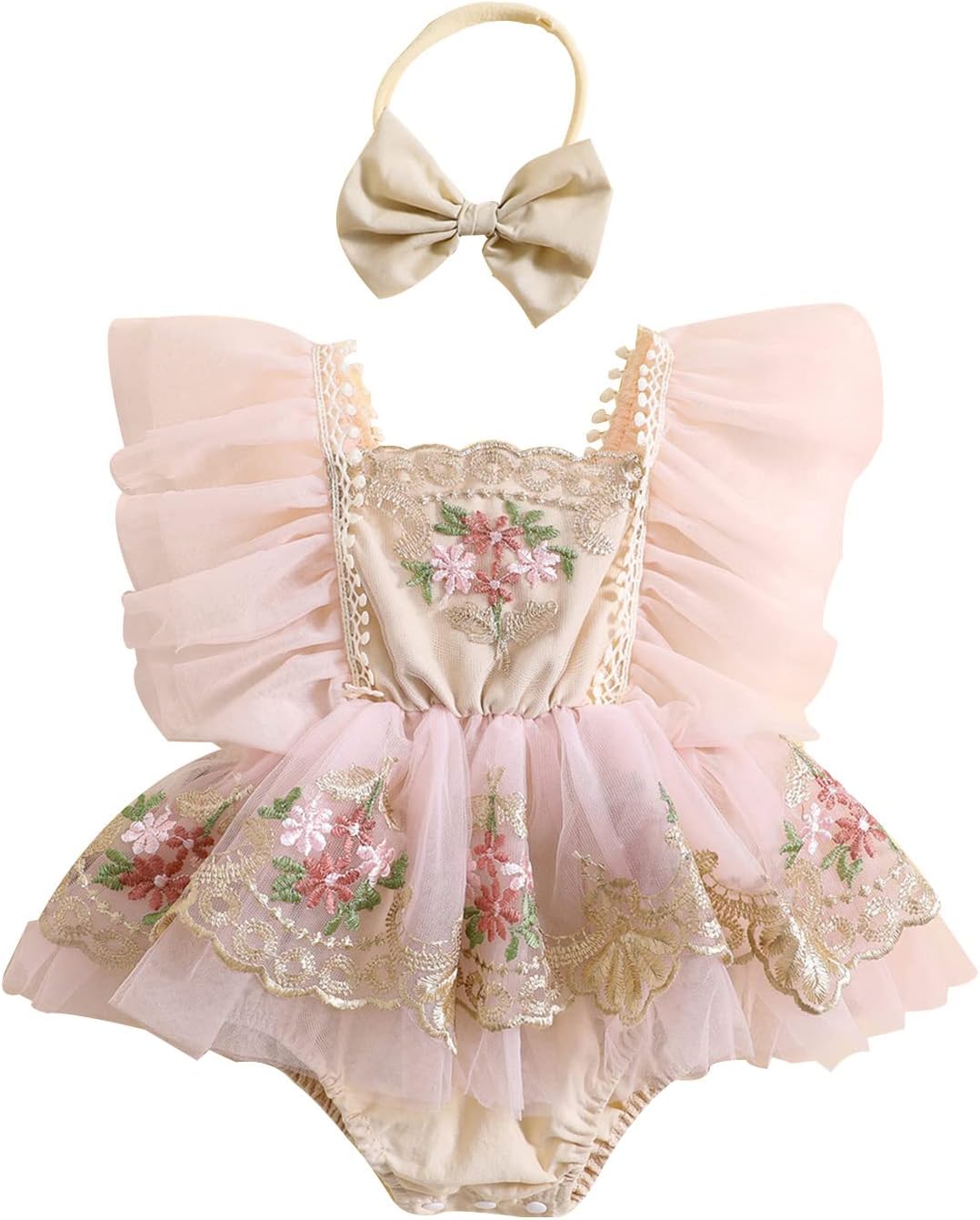 Newborn Baby Girls Rompers Flower Embroidery Mesh Tulle Dress with Headband Infant Summer Outfits