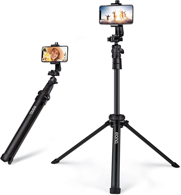 Amazon Brand - Eono phone tripod stand 59 inch/1.51m, Selfie Stick Tripod with Universal Tripod Head Mount and smartphone Holder, Camera Tripod for iPhone 14/13/13 pro/12/12 pro/11, Samsung