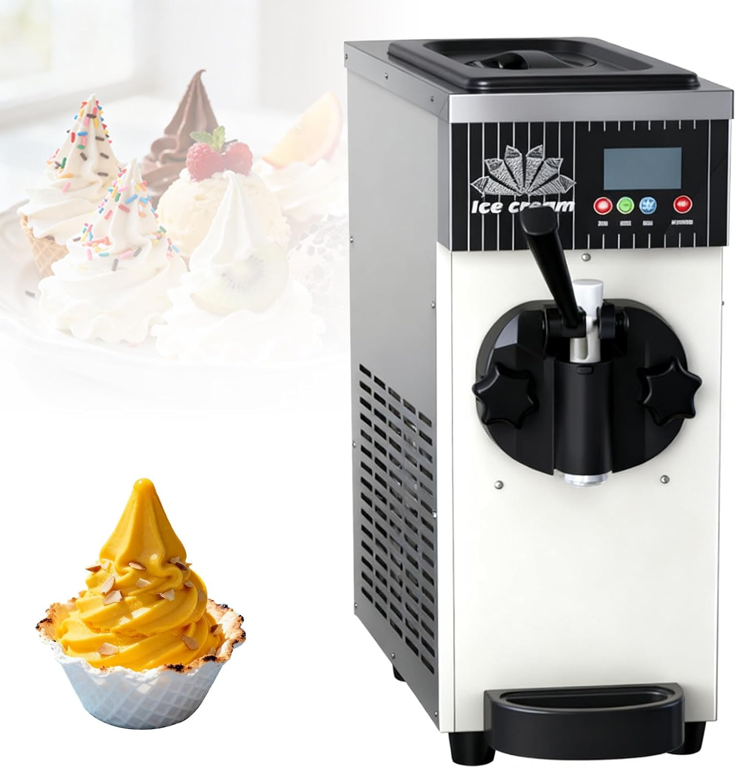 450W Single Flavor Commercial Soft Ice Cream Maker, Countertop Stainless Steel Design, 4-5 Kg/H Yield, LCD Panel Control, for Restaurants, Dessert Shops Metallic