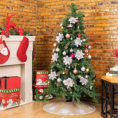 N&T NIETING Christmas Poinsettia Flowers, 24Pcs Artificial Glitter Christmas Flowers Ornaments for Xmas Tree Wreath Decorations with 24Pcs Stems and Clips