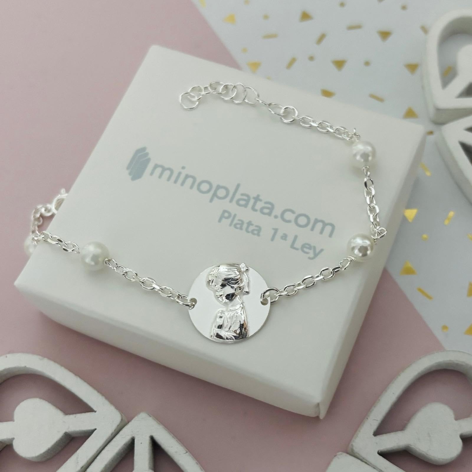 Pulsera comunión Virgen Niña de Plata de ley con Perlas