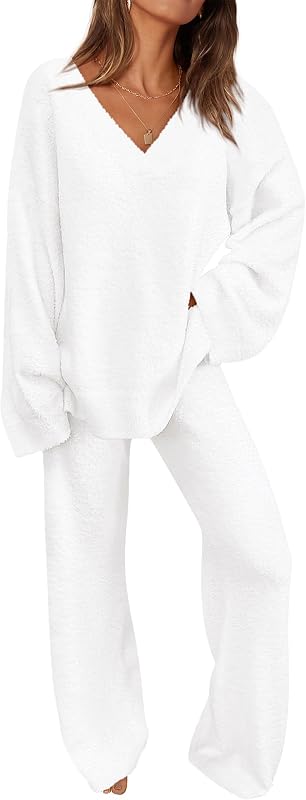 PRETTYGARDEN Lounge Sets for Women 2 Piece Pajama Set | Fuzzy Chunky Knit Sweater Outfits, Fall Winter Cozy Matching PJs, Long Sleeve V Neck Pullover & Wide Leg Pants, Comfy Clothes