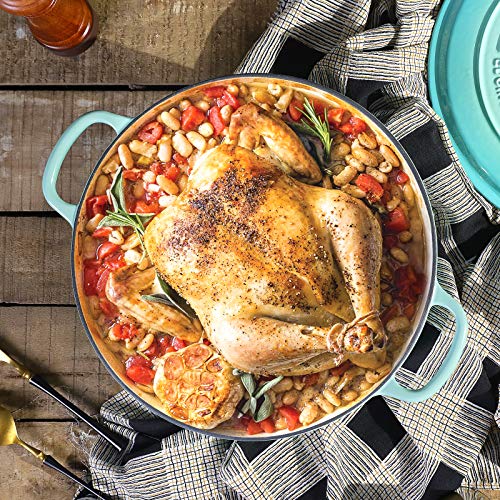 Edging Casting Enameled Cast Iron Dutch Oven Shallow Casserole Braiser With Dual Handle, 3.8-Qt, Peacock Blue #TOP7