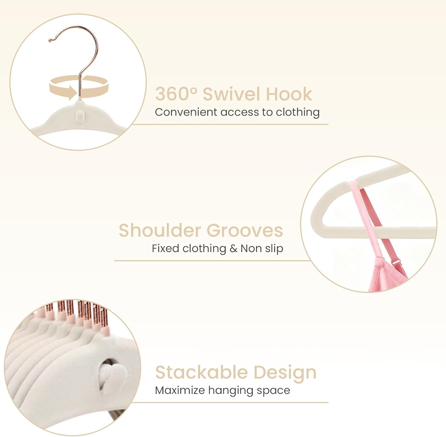 Kids Velvet Hanger 50 Pack, 11" Baby Clothes Hangers with Rose Gold Swivel Hook & 10 Clips, Ultra Thin 0.2" Non-Slip Nursery Hangers, Stackable Space-Saving Felt Hangers for Closet, Beige