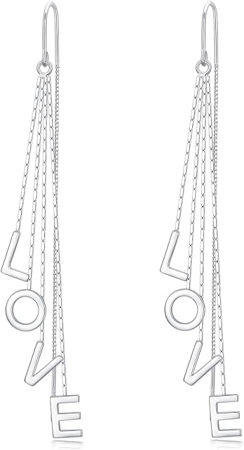 925 Sterling Silver LOVE/Circle/Line/Leaf Rhombus Drop Threader Earring Beaded Dangle Tassel Pull Through Earrings for Women
