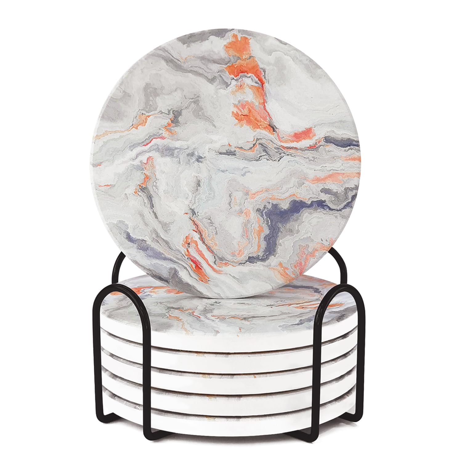 Wsry-Home Orange Ceramic Coasters Set Of 6,Drink Coasters With Holder And Cork Base For Mugs Cups And Glasses, Marble Coasters