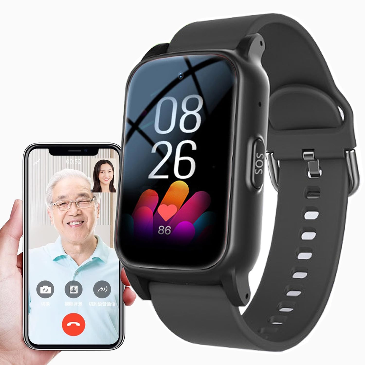 Smartwatch dla osób starszych, Smartwatch z wykrywaniem upadków dla seniorów, Urządzenia ostrzegające o upadkach dla osób starszych, Zegarek z alarmem upadkowym dla osób starszych,Black