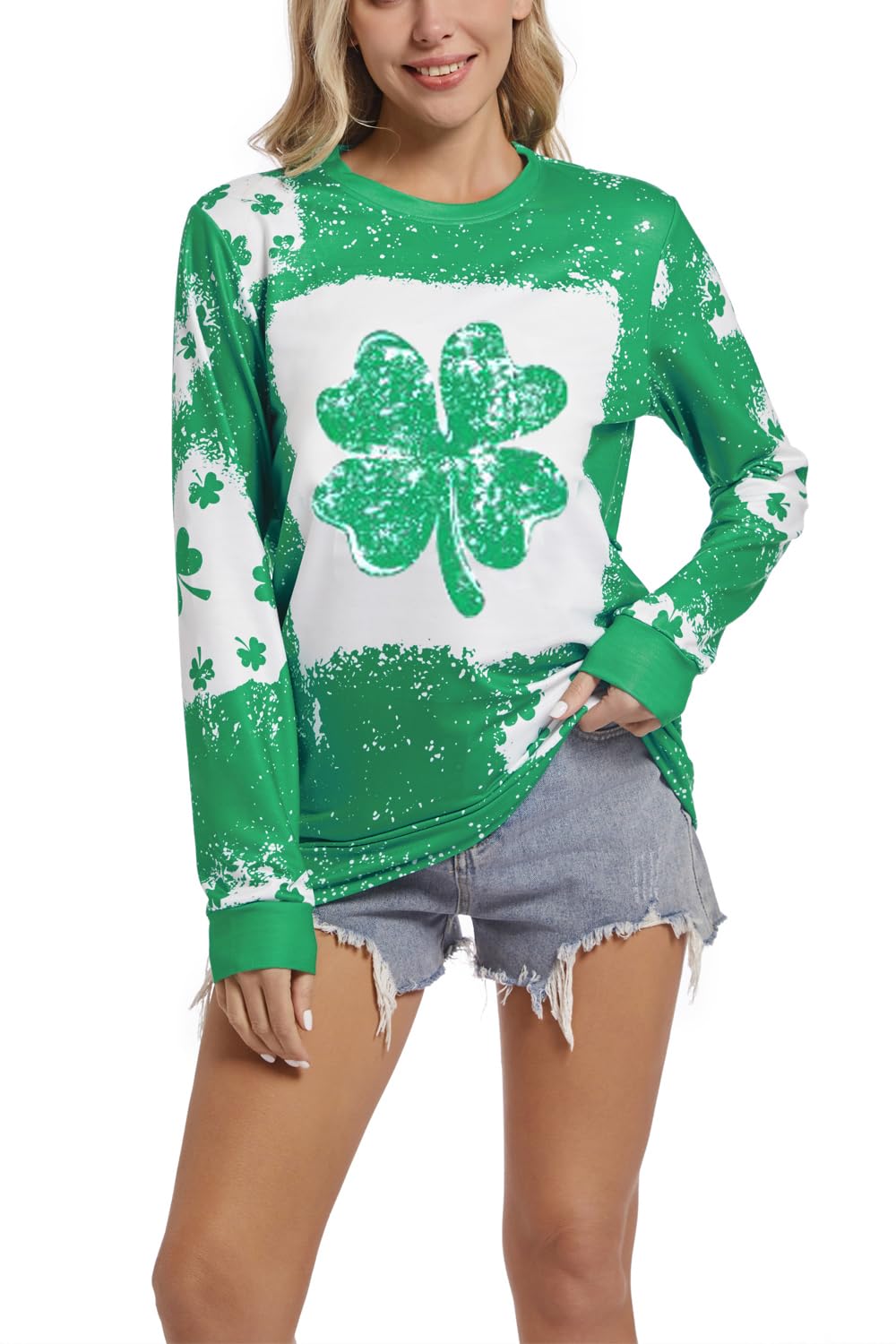 Photo 1 of Humjafry St. Patrick's Day Sweatshirt for Women Bleached Long Sleeve Shirt Ireland Clover Print Pullover Tops Four Leaf Clover Small