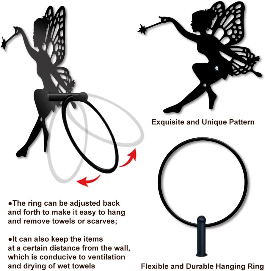 MAYJOYDIY Fairy Metal Towel Ring Elf Wings Towel Holder for Wall Fantasy Fairy Wand Towel Ring Black Plant Towel Rack Wall Mounted for Bathroom Kitchen Towel Hanger Home Decors Gift image 5