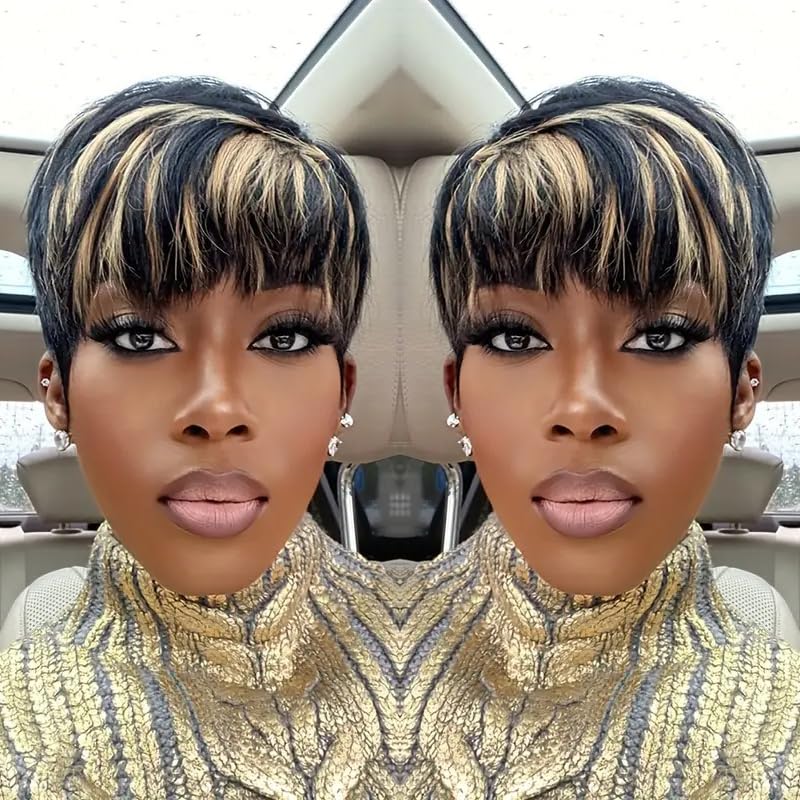 Amazon.com: Pixie Cut Wigs with Bangs Human Hair for Black  display picture 3