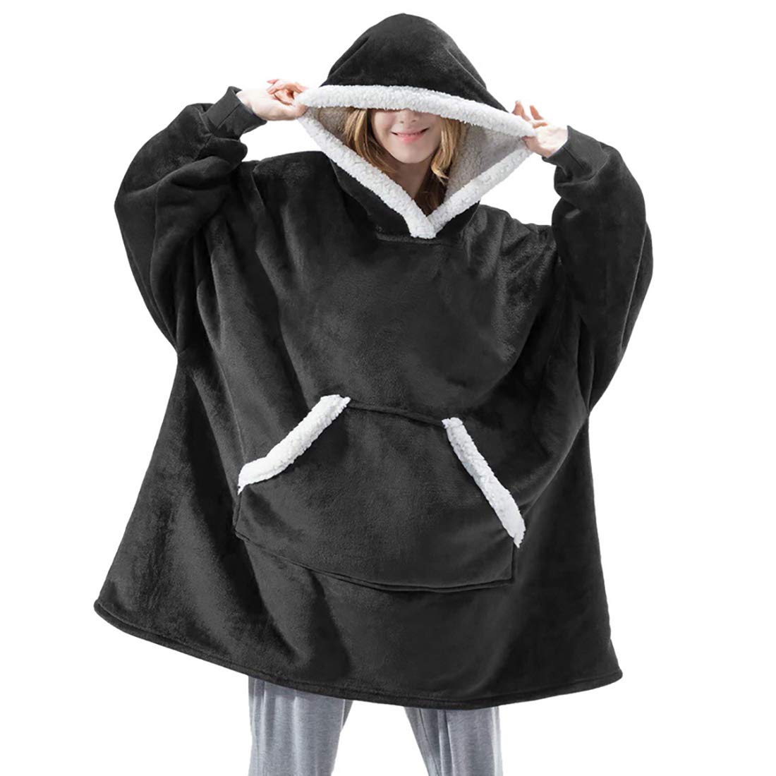 Manooby Oversized Hoodie Sweatshirt Blanket Unisex Fleece Pullover Hoody with Front Pocket Soft Warm Cozy Clothing(B#Black)
