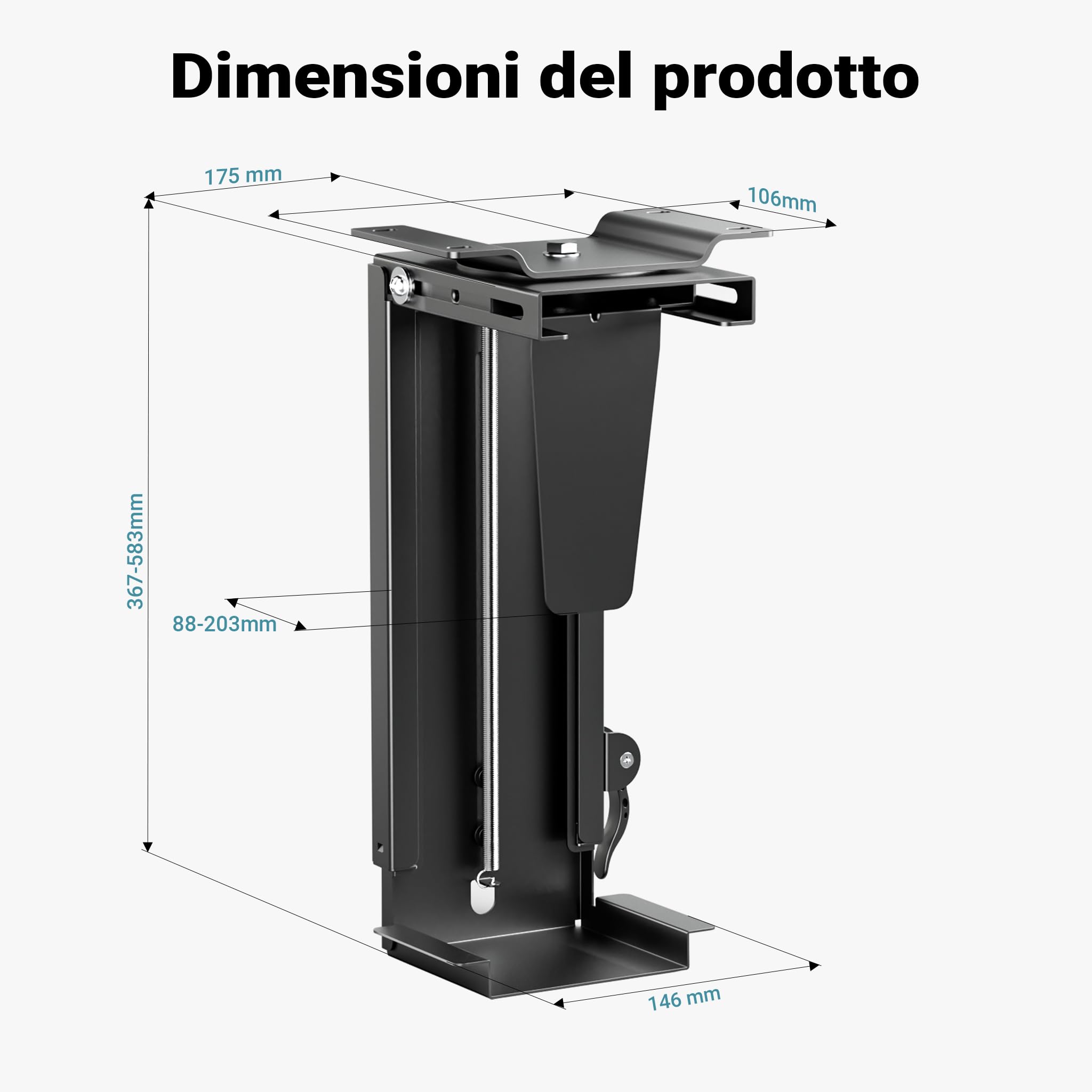 Toboli Wiltec Supporto PC fisso Porta case sotto scrivania, max 10 kg, regolabile e girevole a 360°