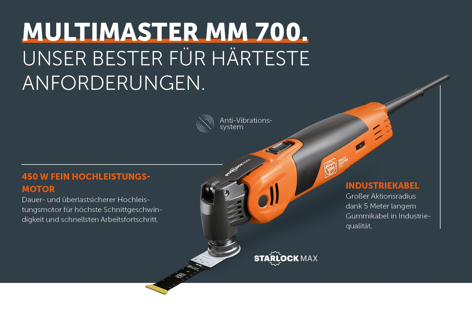 FEIN Multimaster MM 700 Max Top, Unser bestes MultiTool mit 60 Zubehören zum Sägen, Schleifen, Schneiden , 450 W, Anti-Vibrationssystem, Aufnahme StarlockMax, QuickIN Werkzeugwechsel