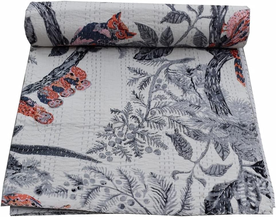 Sophia-Art New Handmade Indian owl Printed Kantha Quilt owl Blanket Throw purè Cotton King Size Kantha Quilt owl Printed Kantha Blanket (Gray, 60x90 Inches)