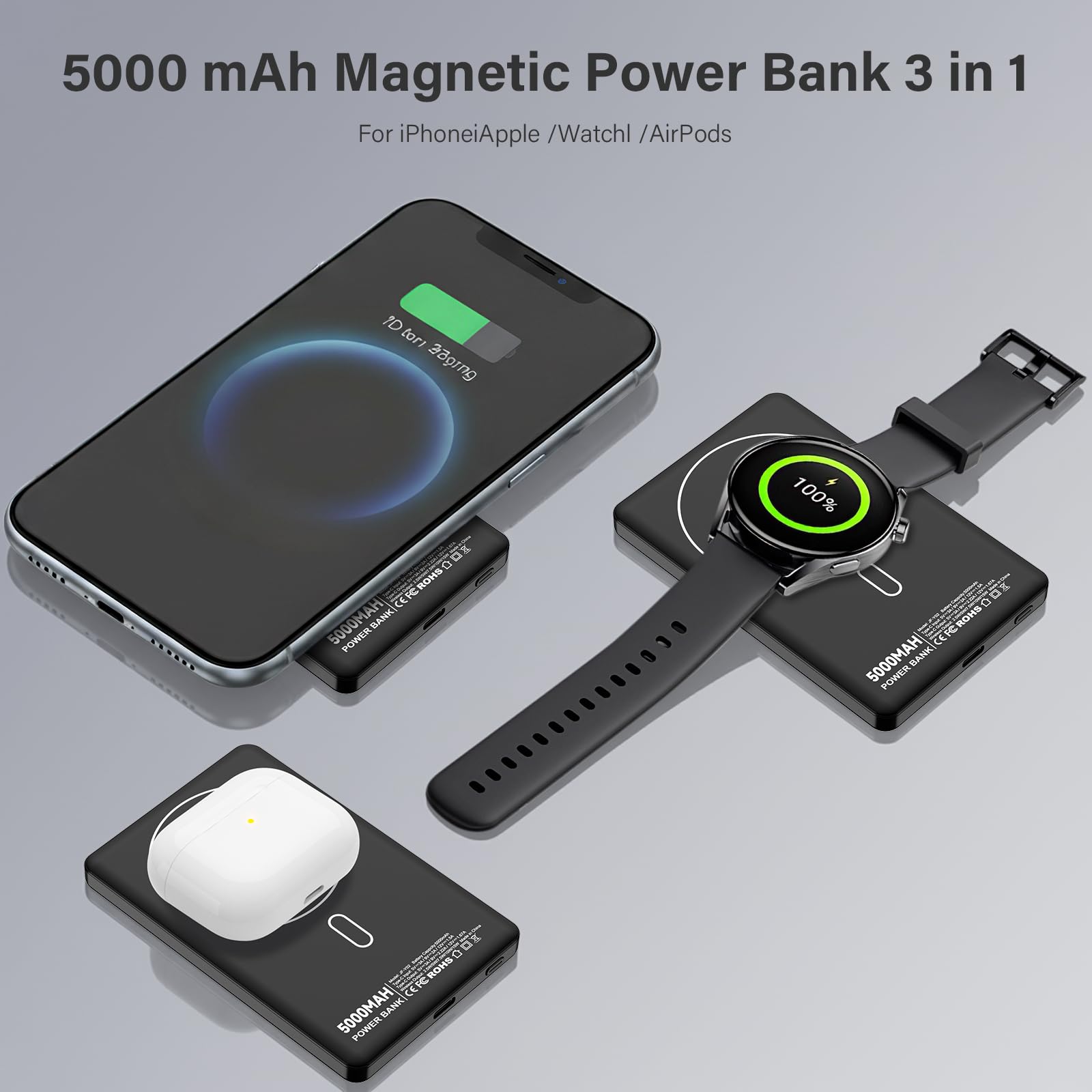 Mini Power Bank 5000mAh, Wireless Powerbank Magnetico Con Display LED, PD 22.5W USB-C Batteria Wireless Battery Pack per iPhone serie 17/16/15/14/13/12/ Pro Max (Nero)