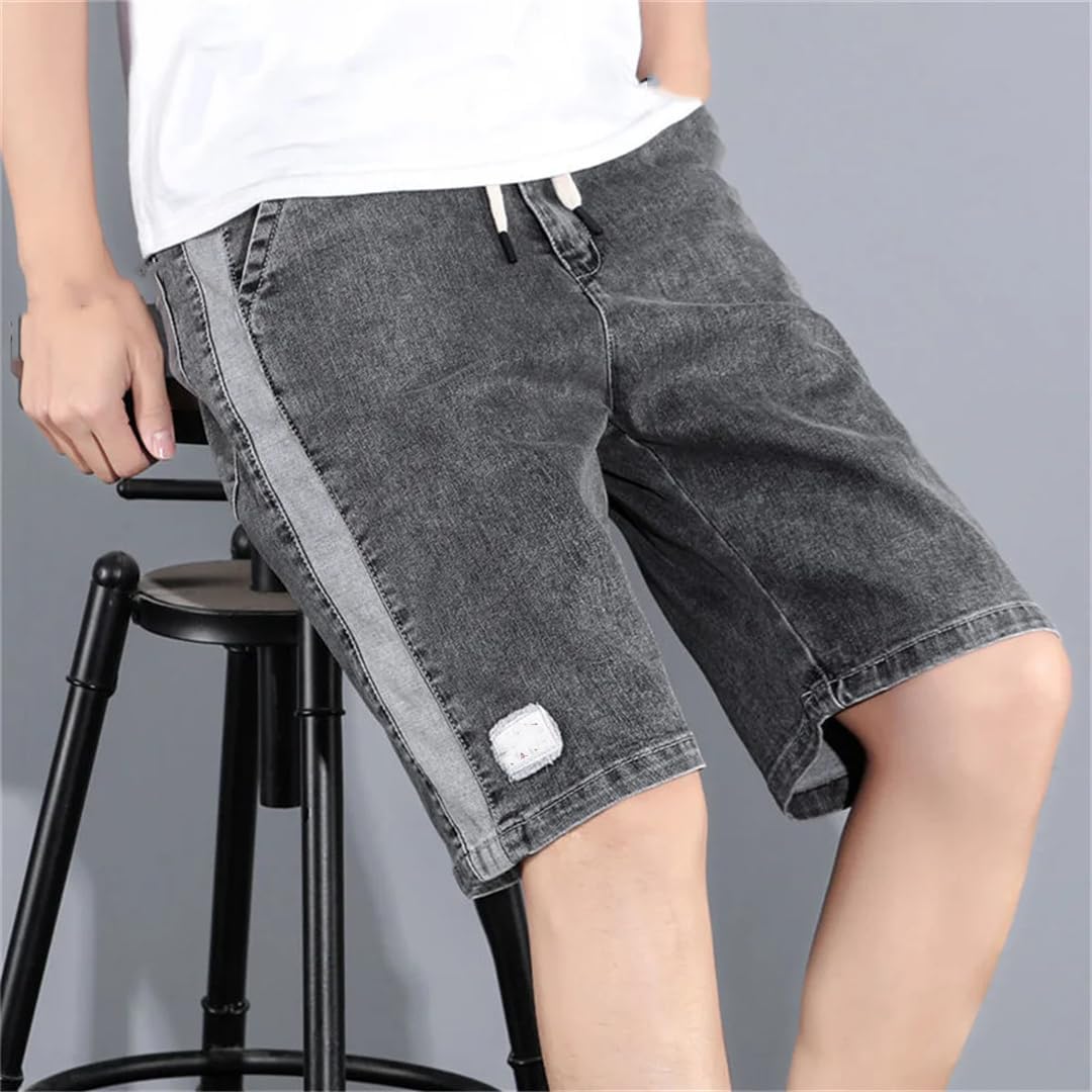 Men Casual Loose Denim Shorts Solid Color Drawstring Mid Rise Knee-Length Outdoor Activities Shorts