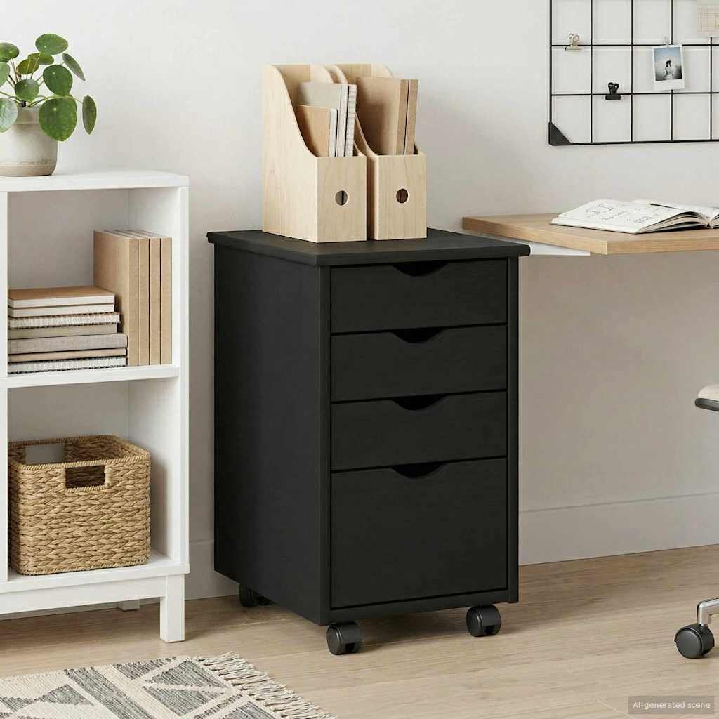 Armadio a rotelle nero, 34 x 39 x 56 cm, contenitore con ruote in legno di pino massello con 4 cassetti, contenitore mobile da ufficio per casa e studio, design minimalista