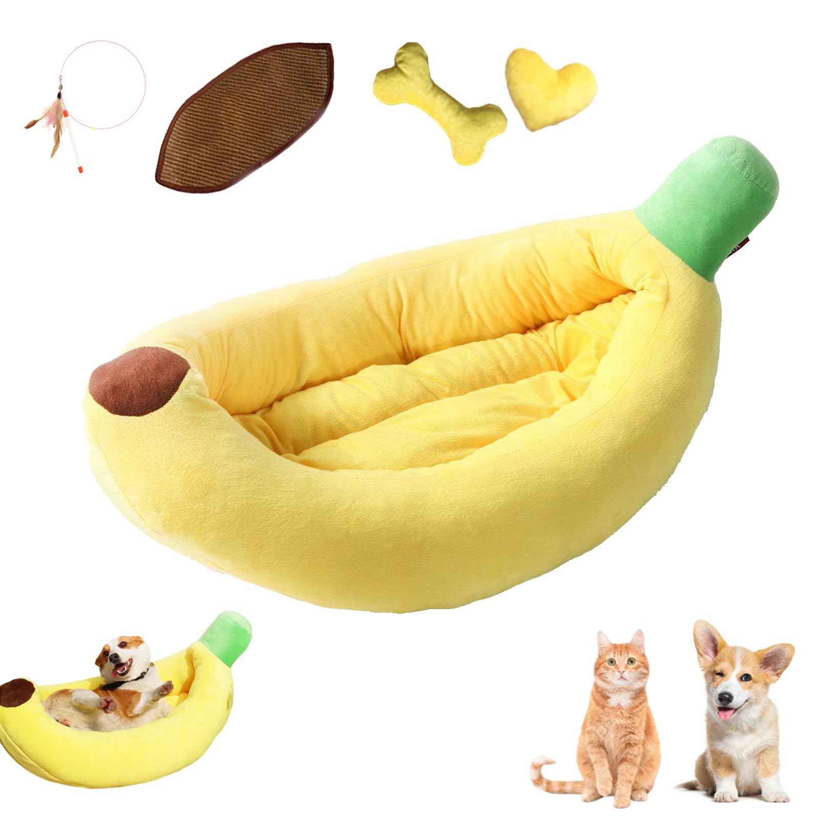 Banana Bed for Dogs, Banana Dog Bed, Banana Shaped Cat Bed for Dogs Cats, Creative Comfortable and Washable Banana Pet Bed with Removable Cushion (yellow+toy+cooling mat, 85 * 50 * 18cm)