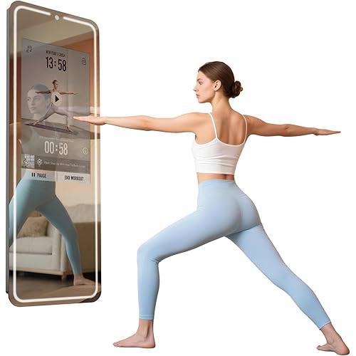 Smart Gym Mirror for Home Workout | 32" HD Touch-Screen Andriod 12 OS | 63" Reflective Surface | No VIP Fees Support Various APP, Voice Control, Music Sync LED Strip Lights, for Home Gym/ Yoga/ Dance