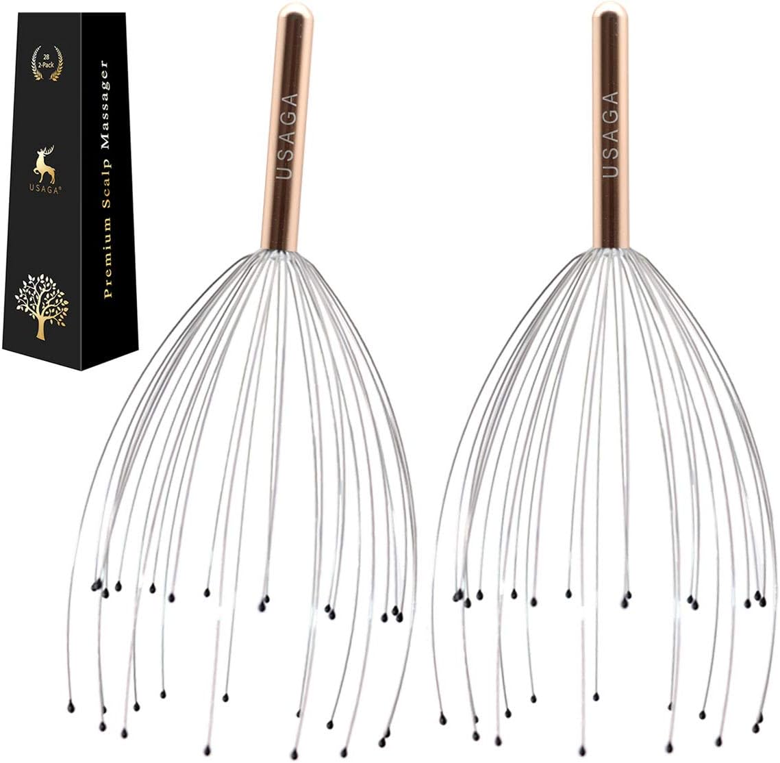 USAGA 28 Fingers Head Massager Scalp Scratcher Head Scratcher for Head Body Relaxing 2 Pack (Golden)
