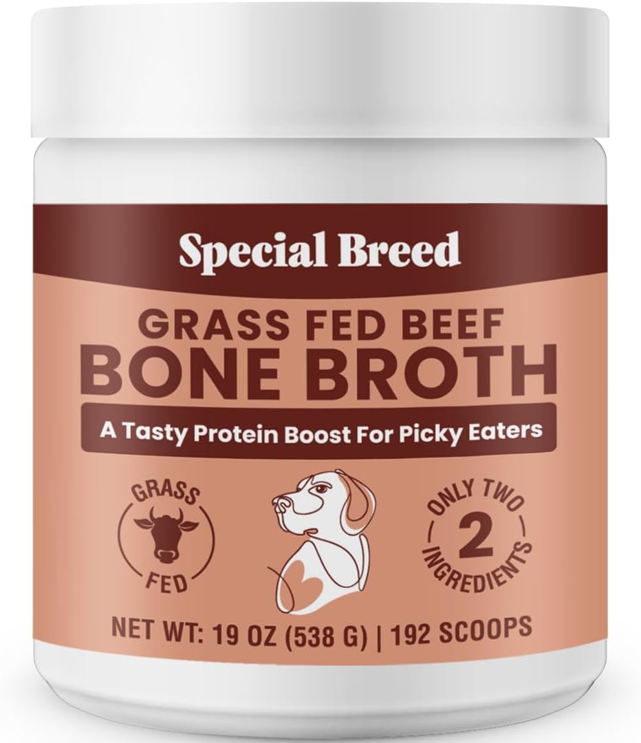 Bone Broth Powder for Dogs and Cats - Dog & Cat Food Topper for Picky Eaters - Grass Fed Beef Bone Broth Supplement - Supports Hydration, Joint, Immunity & Heart Health - Serve Dry or Wet - 19oz
