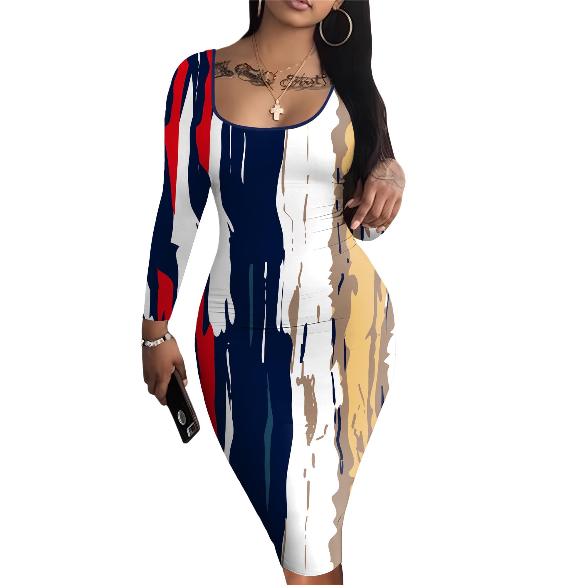 HTD Women's Sexy Bodycon Dress Long Sleeve Club Party Casual Midi Pencil Dresses