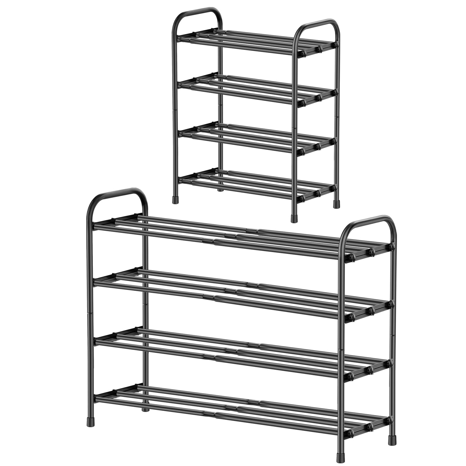 4-Tier Shoe Rack Extendable, 43 to 78 cm Adjustable Metal Shoe Storage Organiser Shelf with Quick,Tool-Free Assembly, Shoe Slots Holds 8-16 Pairs,Space-Saving Compact Shoerack Stand for Hallway, Black