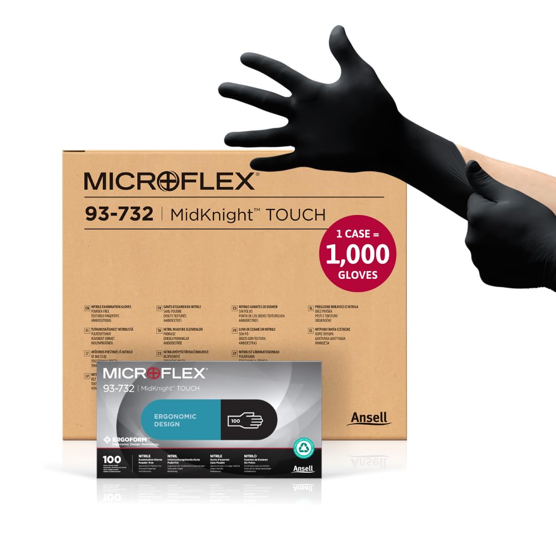 Ansell MICROFLEX MidKnight Touch 93-732 Disposable Nitrile Exam Gloves for Auto, Tattoo, Dentistry, Catering, 4.3 mil - L, Black (Case of 1000) Thin Large Box of 1000