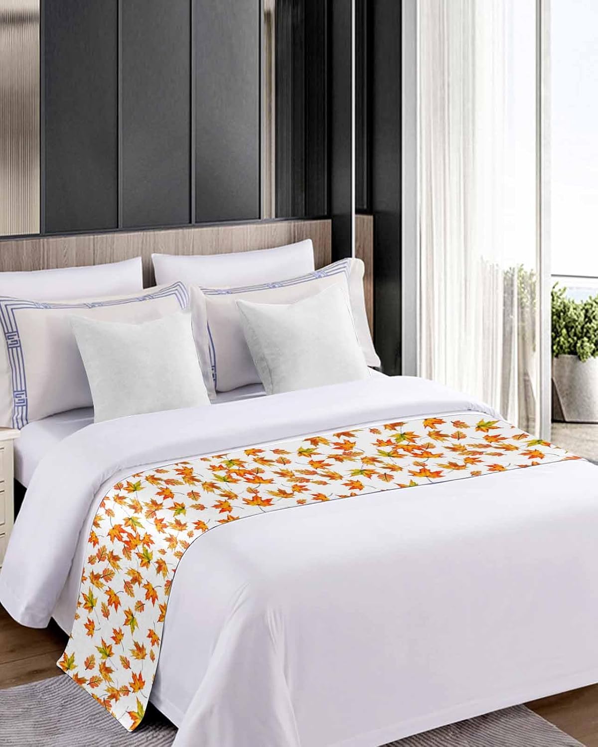 Fall Bed Runner Scarf Full Queen Size, Thanksgiving Watercolor Orange Green Maple Leaf Luxury Bed Throw Runners & Scarves for Twin Full Queen King Foot of Bed, Bedroom Hotel Decoration, 83"x20"