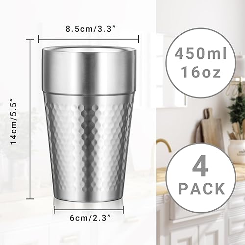 Miniatura 2 de Vaso de doble pared de acero inoxidable, vaso aislado de 16 onzas, paquete de 4 vasos de agua irrompibles apilables con aislamiento de metal para