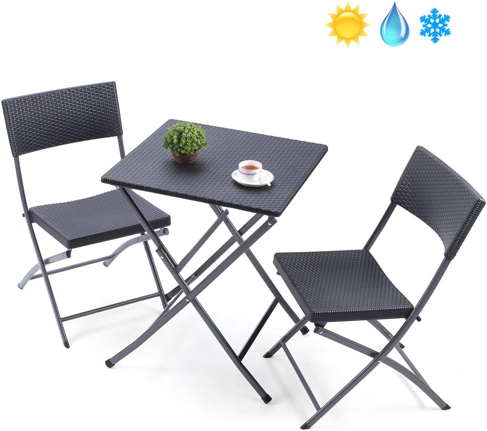 TAVR PE Rattan Patio Bistro Set,3 Piece Set of Outdoor Foldable Garden Table and Chairs, All Weather Resistant Resin Wicker,Black，CH1004
