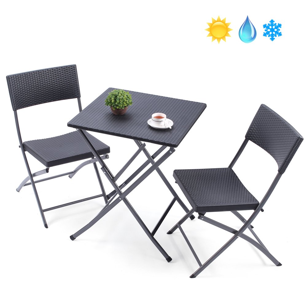 TAVR PE Rattan Patio Bistro Set,3 Piece Set of Outdoor Foldable Garden Table and Chairs, All Weather Resistant Resin Wicker,Black,CH1004
