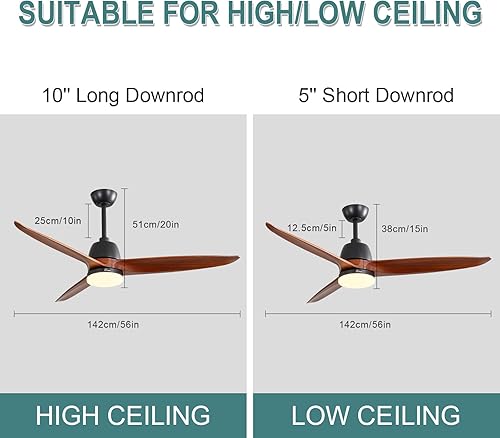 Miniatura 5 de Sofucor - Ventilador de techo de madera con luces y control remoto, de 56 pulgadas, con luz LED regulable, 3 aspas reversibles de madera maciza y
