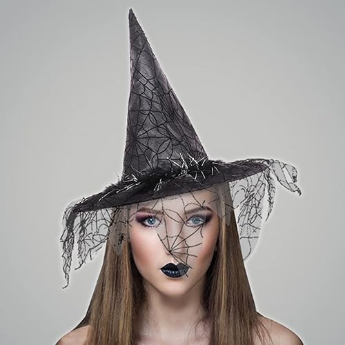 Miniatura 6 de Sombrero de bruja de Halloween para mujer, velos de encaje vintage, sombreros impresos, suministros de fiesta, accesorios de disfraz de Halloween