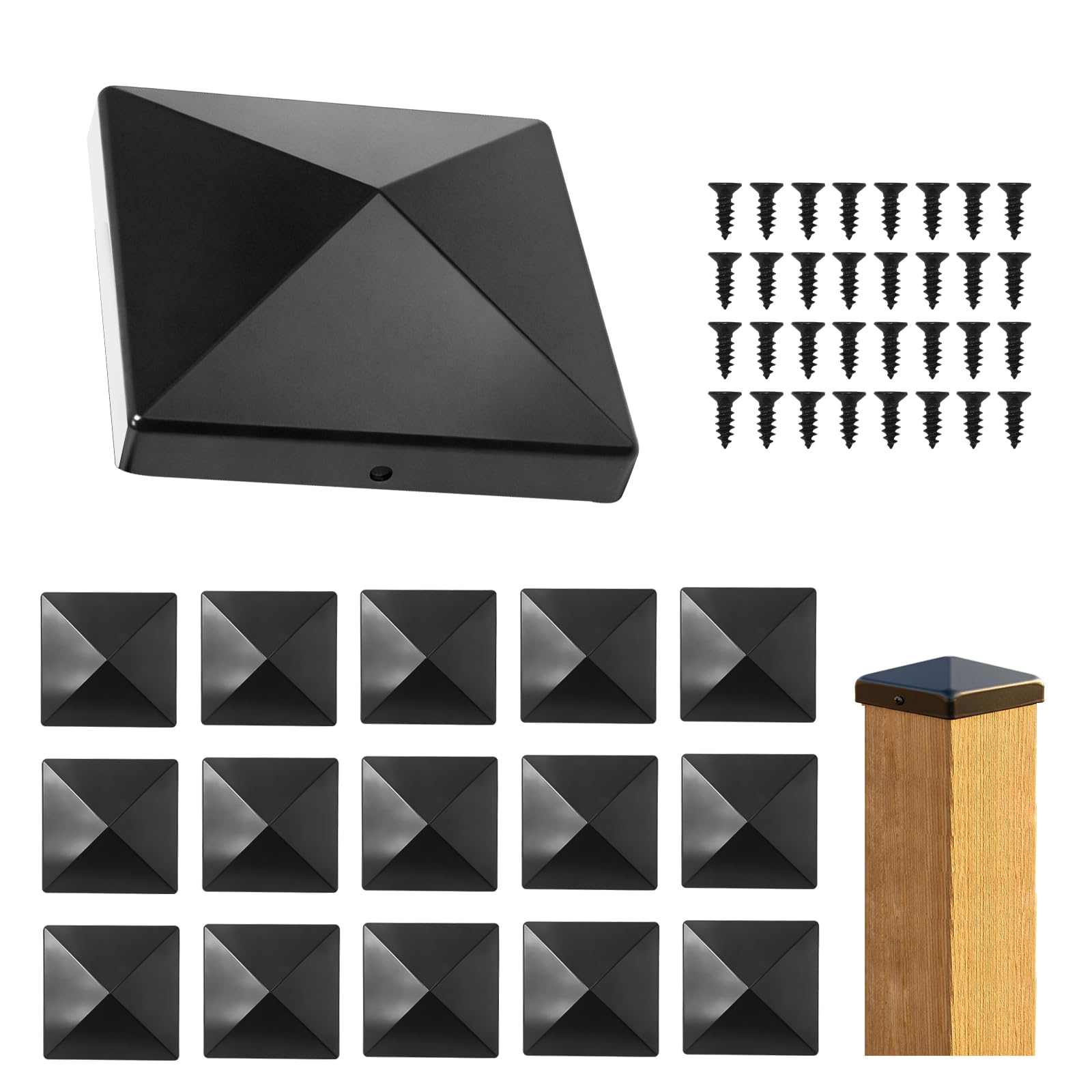 MospdyGear 16 PCS 4x4 Inch Square Post Toppers, Waterproof ABS Pyramid Fence Caps with Mounting Screws, Close Fit Black Column Covers for Outdoor Wooden Post Decoration