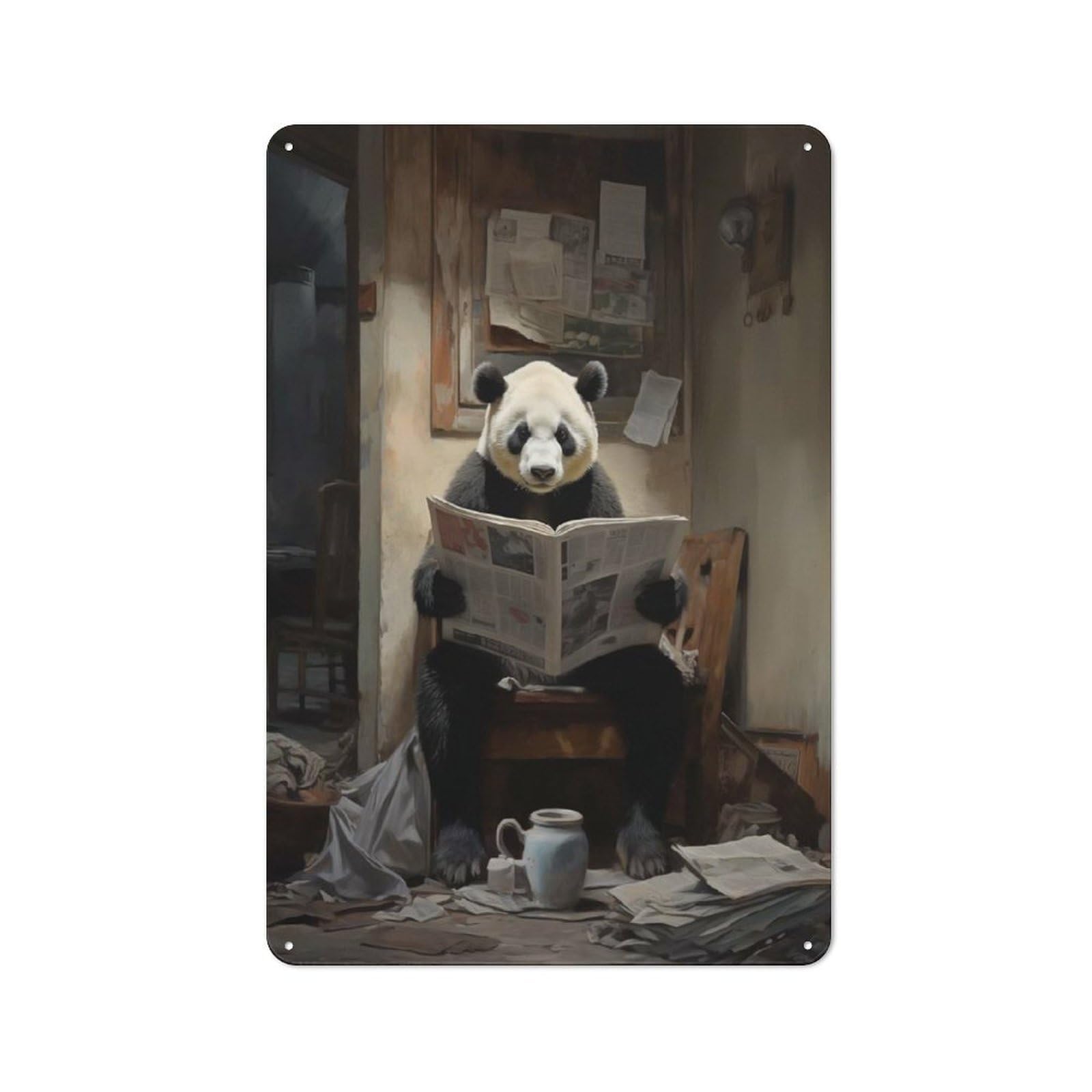 Junmoney Panda Reading Newspaper Shop Front Style Metal Wall Decor 30X20cm, Cafe Metal Sign For Takeaway, Bar, Kitchen Or Counter Area