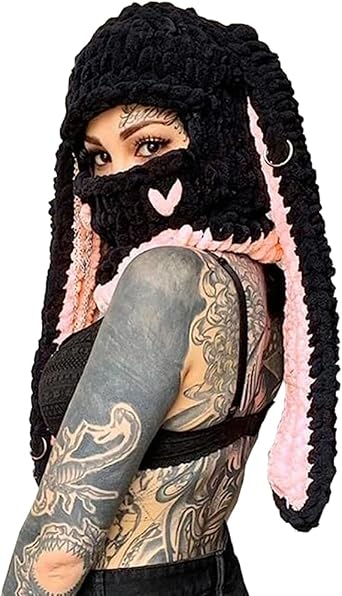 Fashion Cute Earflap Knitted Hats Crochet Beanie Warm Snow Ski Bunny Long Ears Fluffy Caps Cosplay Party Adults WomenPink Bunny