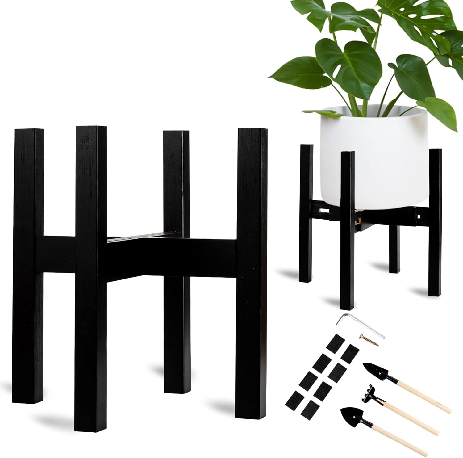 Adjustable Bamboo Plant Stand for Indoor Plants, Holder Rack Fits 8"-12" Pots for Living Room, Bedroom, Corner - Space Saving Shelf (Pot & Plant Not Included)(Black)
