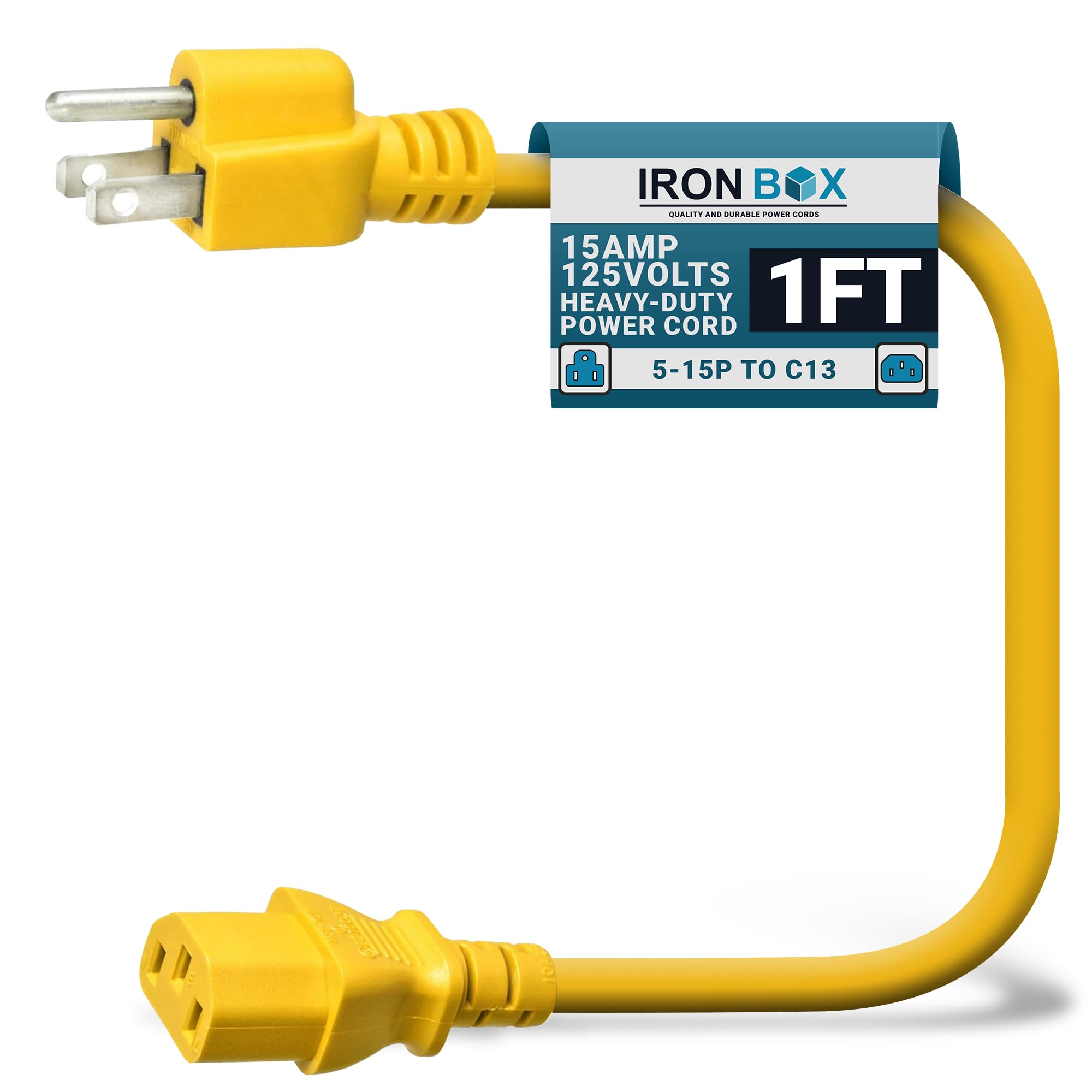 IronBox Electric - Heavy-Duty 5-15P to C13 Power Cord - 3 Prong 15A 125V 14/3 SJT PC Cable - Cord for Computer, Monitor, Subwoofer, Amplifier - Cable for Power Supply - (Yellow 1 Foot)
