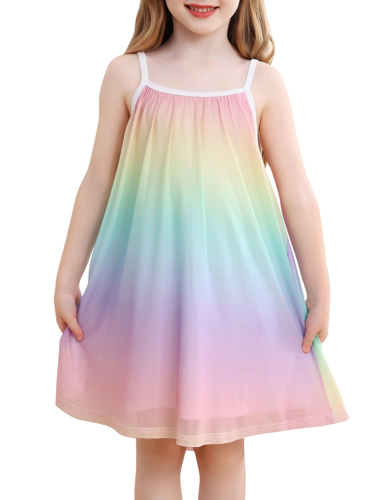 Girl's Summer Dress Casual Spaghetti Strap Rainbow Sundress Size 3-10 Year