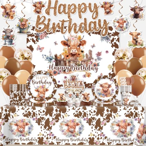206Pcs Brown Cow Birthday Decorations for Western Farm Animal Birthday & Baby Shower All-in-One Party Supplies Kit Serves 25 Includes Tableware Backdrop Banner Tablecloth Balloons Cake Topper