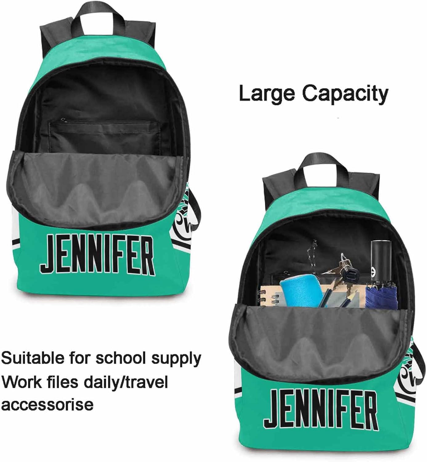 MyPupSocks Customize Book Bag Backpack for Teens Women Men Cheer Green Custom Add Your Name Waterproof Laptop Bag for Son，Daughter，Men Women