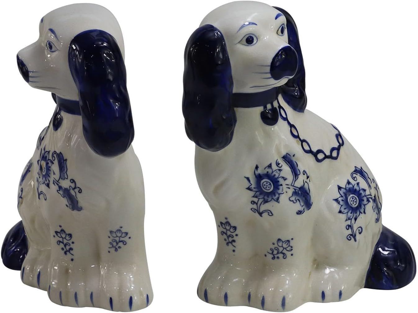 Hand Painted Porcelain Blue& White 9.4" H Dog with Chain Pair of Figurines Statue Ceramic Collectibles Home Décor